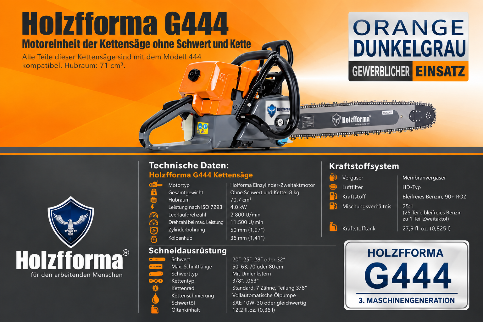 Drujba semiasamblata Holzfforma G444 71cc - specificatii tehnice